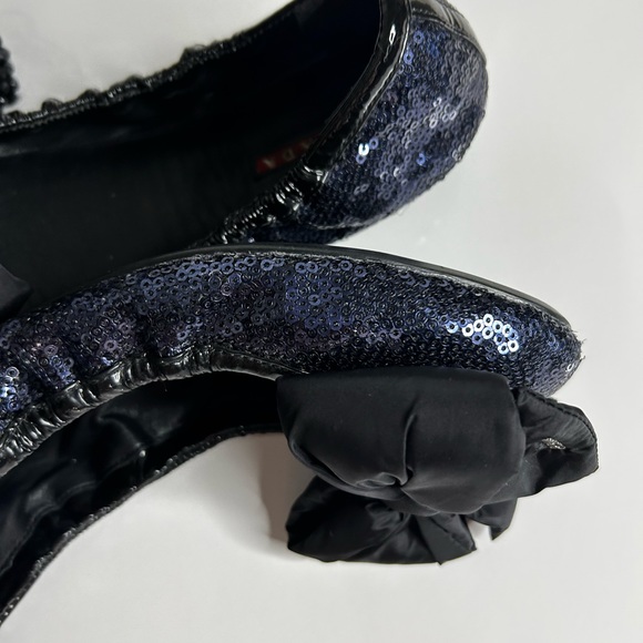 PRADA RARE BALLET FLATS SEQUENCE GLITTER BLACK Genuine  PATENT SATIN BOW - Picture 9 of 15
